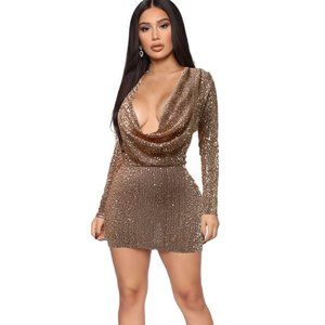 Sexy Low-Cut Solid Long Sleeve Sequin Dress
